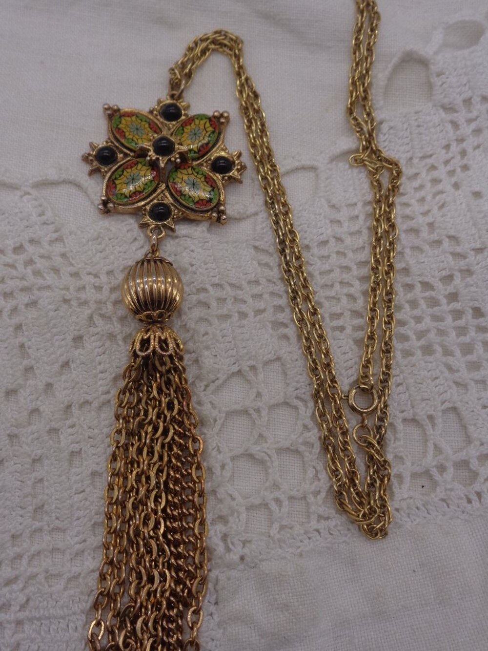 Vintage Signed Denise Mosaic Cabochon Tassel Necklace